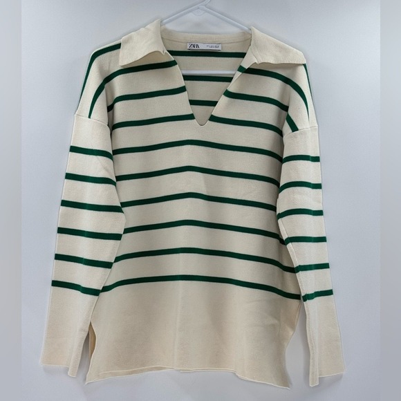 Zara Sweaters - Zara Striped Polo V-Neck Collar‎ Coastal Soft Sweater, Green and White, Size S